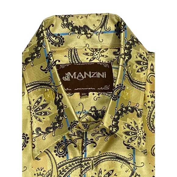 Manzini Mens Size X-Large Gold Paisley Button Down Dress Shirt Long Sleeve - Picture 5 of 9